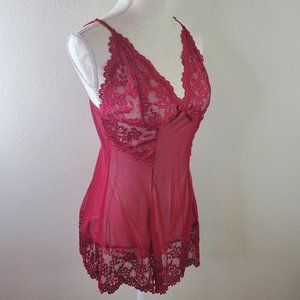 SHEIN Womens Burgundy Contrast Lace Mesh Slip and Panty